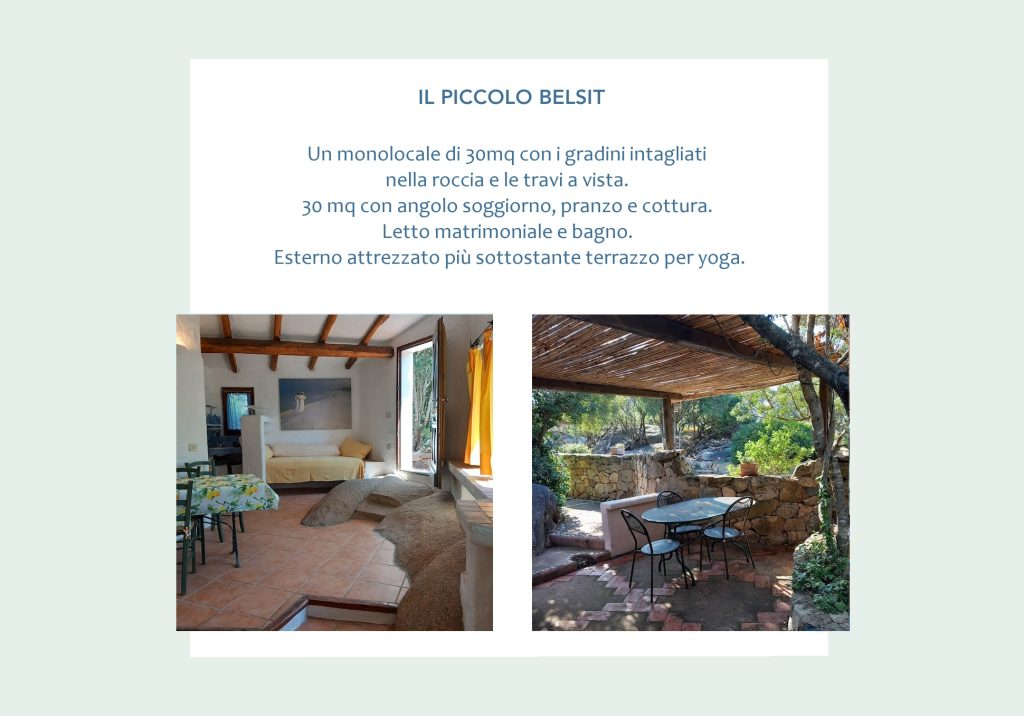 Un monolocale di 30mq con i gradini intagliati nella roccia e le travi a vista. 30mq con angolo soggiorno, pranzo e cottura. Letto matrimoniale e bagno. Esterno attrezzato più sottostante terrazzo per yoga.