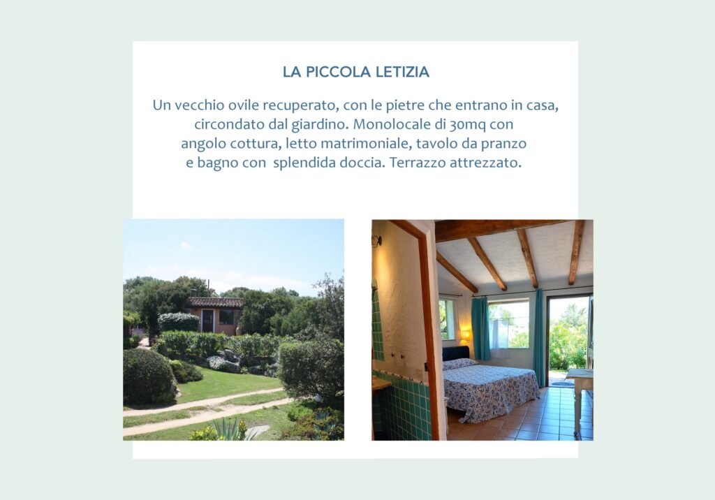 Un vecchio ovile recuperato, con le pietre che entrano in casa, circondato dal giardino. Monolocale di 30mq con angolo cottura, letto matrimoniale, tavolo da pranzo e bagno con splendida doccia. Terrazzo attrezzato.